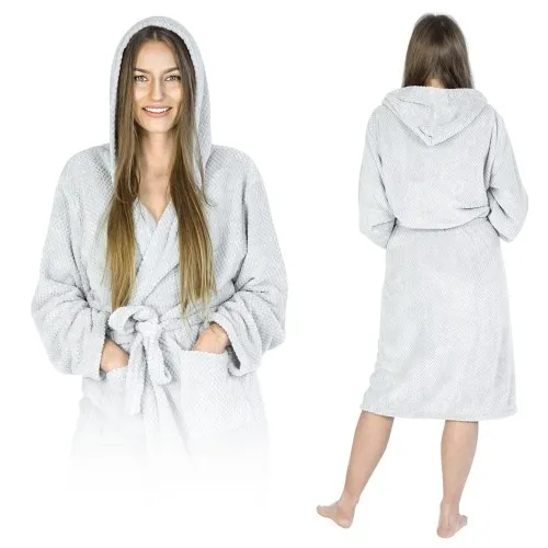 Ciepły długi szlafrok damski z kapturem szary