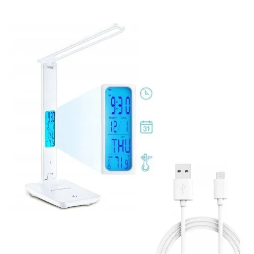 Lampka biurkowa LED USB biała z zegarem składana