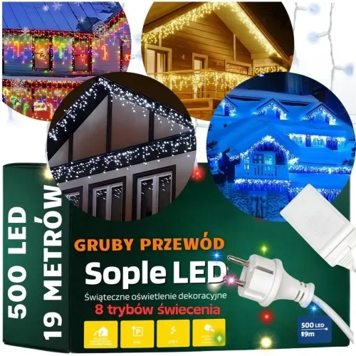 Lampki świąteczne zewnętrzne sople 500 led grube przewody