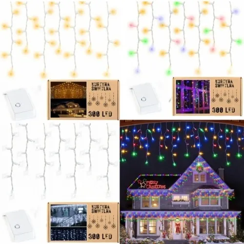Lampki kurtyna światełka łańcuch świąteczne zewnętrzne sople 300 LED 12m