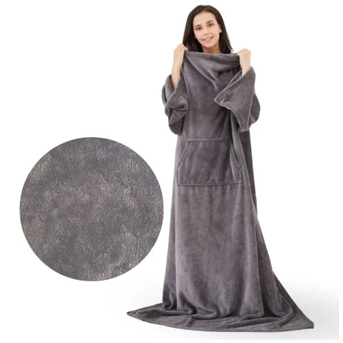 Duży koc z rękawami kocobluza - szara