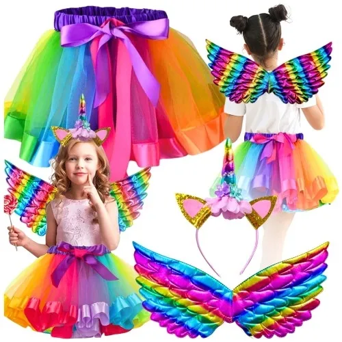Przebranie kostium tęczowy jednorożec strój spódniczka tutu skrzydła opaska