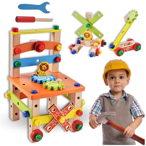 Drewniane wielofunkcyjne krzesło dla majsterkowicza dziecięce