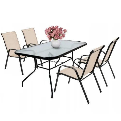 Zestaw stół ogrodowy szklany + 4x krzesło metalowe taupe