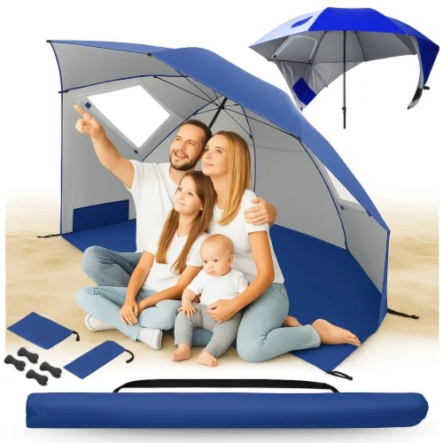 Duży parasol plażowy typu namiot w kolorze niebieskim