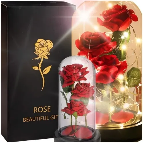 Trzy wieczne czerwone róże w szkle LED świecące
