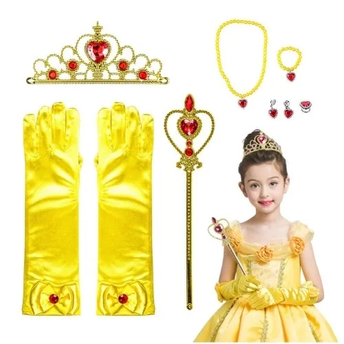 Zestaw korona berło rękawiczki Bella żółty złoty księżniczka strój 7 części