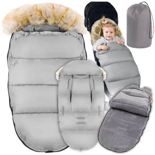 Śpiworek otulacz z futerkiem szary zimowy do wózka gondoli sanki + pokrowiec
