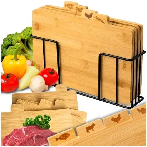 Zestaw 4x deska do krojenia serwowania kuchenna bambusowa drewniana + stojak