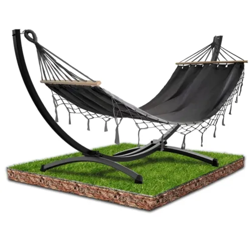Stelaż na hamak czarny + hamak boho ciemny szary 200 x 100 cm