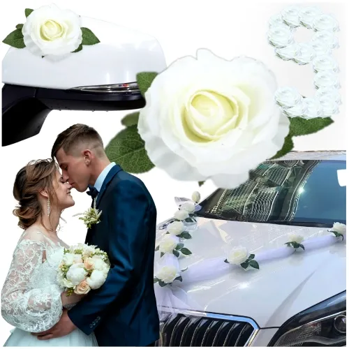 Ozdoba samochodowa na ślub wesele białe kwiaty