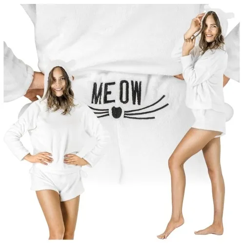 Pluszowa damska piżama z kocimi uszami biała