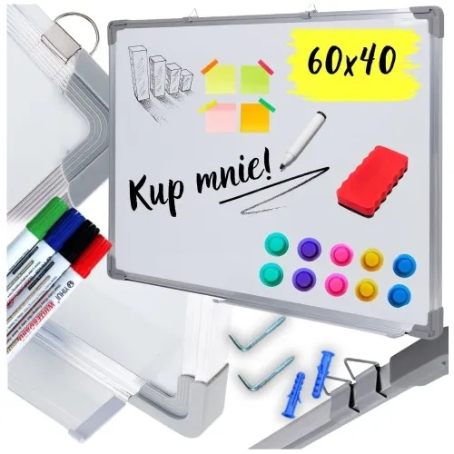 Tablica magnetyczna suchościeralna aluminiowa ramka półka na ścianę 60x40 cm