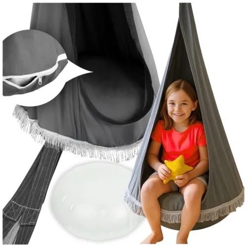 Kokon fotel wiszący huśtawka hamak dla dzieci frędzle szary poduszka 165 cm