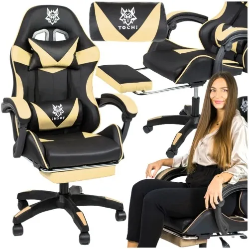 Fotel gamingowy z masażem i podnóżkiem LEGENDARY czarno-beżowy