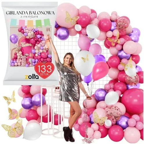 Girlanda balonowa motyle różowy fiolet balony na urodziny roczek XXL 133 szt