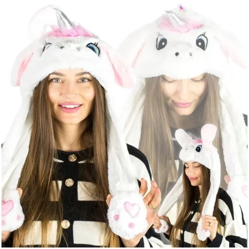 Pluszowa czapka z ruchomymi uszami biały jednorożec
