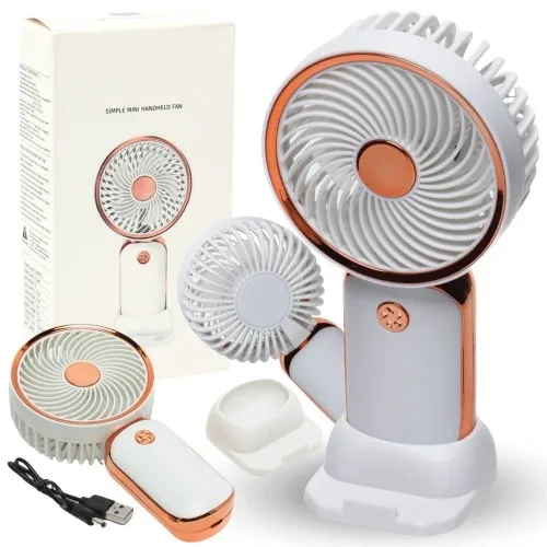 Wiatrak wentylator biurkowy mini biały przenośny akumulator złoto podstawka