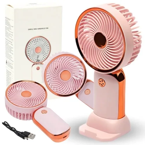 Mini wiatrak wentylator biurkowy przenośny akumulator USB różowy gold rose