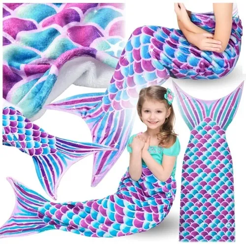 Koc śpiwór ogon syreny miękki otulacz syreni kocyk fiolet ciepły do spania