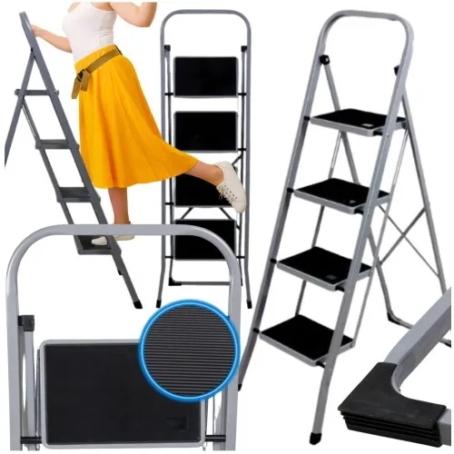 Drabinka drabina metalowa składana domowa 4-stopniowa podest szara 150 kg