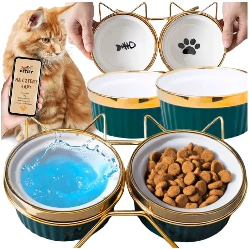 Zestaw 2x300ml miska dla kota psa podwójna na stojaku ceramiczna złota uszy