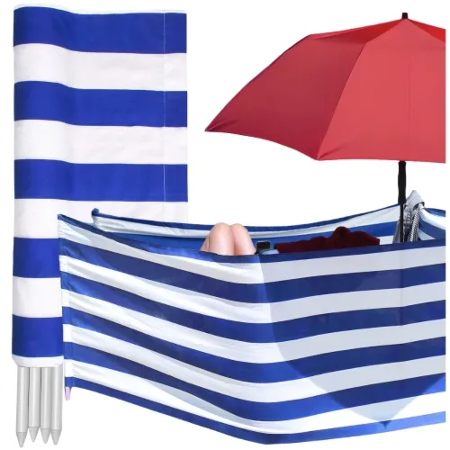 Parawan plażowy 12m na plażę zasłona paski UV granatowe pasy metalowe kołki