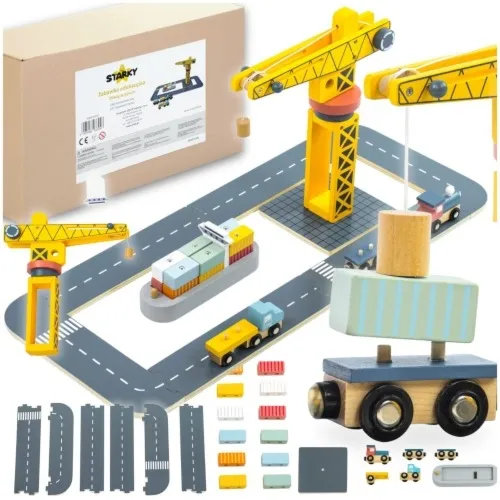 Zestaw drewniany dźwig w porcie z pojazdami