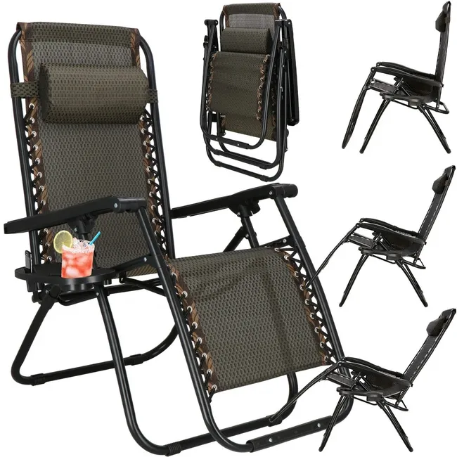 Leżak ogrodowy zero gravity z zagłówkiem brązowy