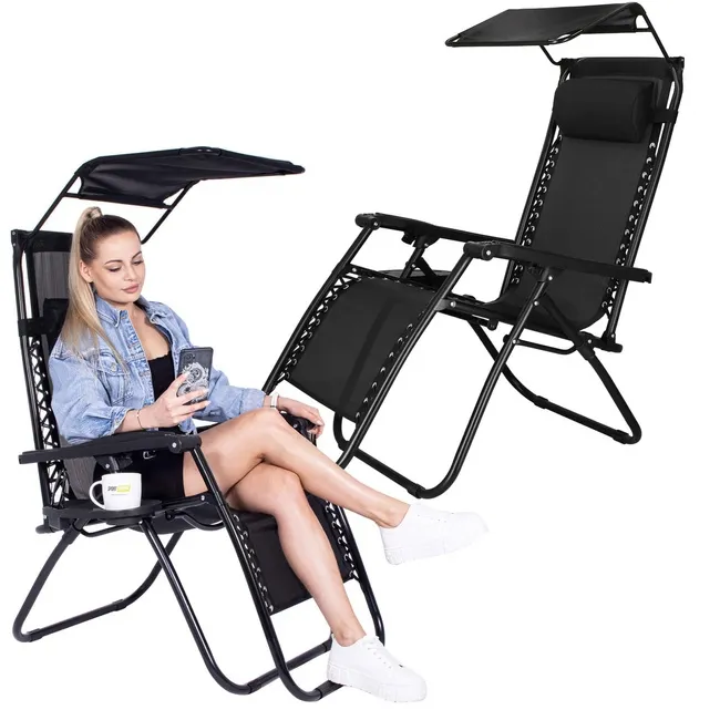 Leżak ogrodowy grawitacyjny z daszkiem i półką na napoje regulowany czarny