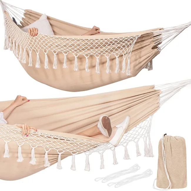 Dwuosobowy hamak z frędzlami i poduszkami 200x150 cm