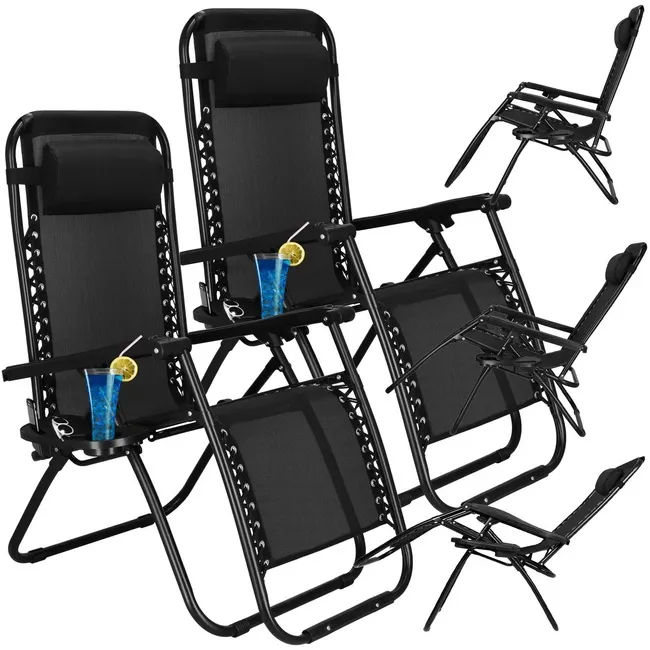 Leżak ogrodowy grawitacyjny z zagłówkiem czarny zestaw 2 szt