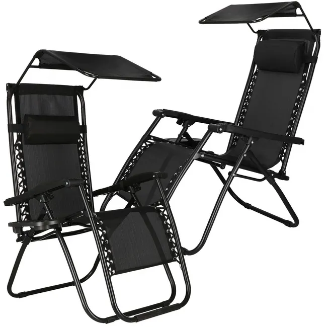 Leżak ogrodowy grawitacyjny z daszkiem czarny zestaw 2 szt
