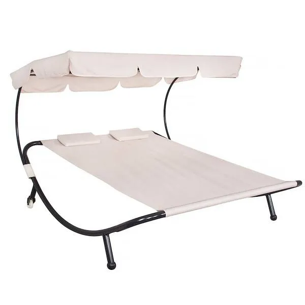 Leżanka ogrodowa dwuosobowa z regulowanym daszkiem kremowa
