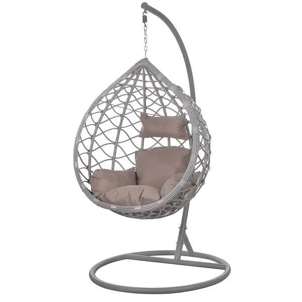 Kokon fotel wiszący ogrodowy bujany szary z szarymi poduszkami