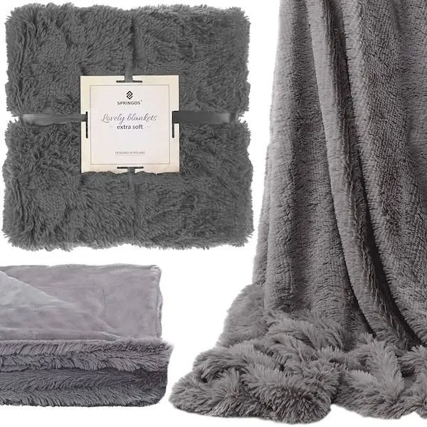 Narzuta na łóżko, pled 220x240 cm dwustronny koc na kanapę grafitowy