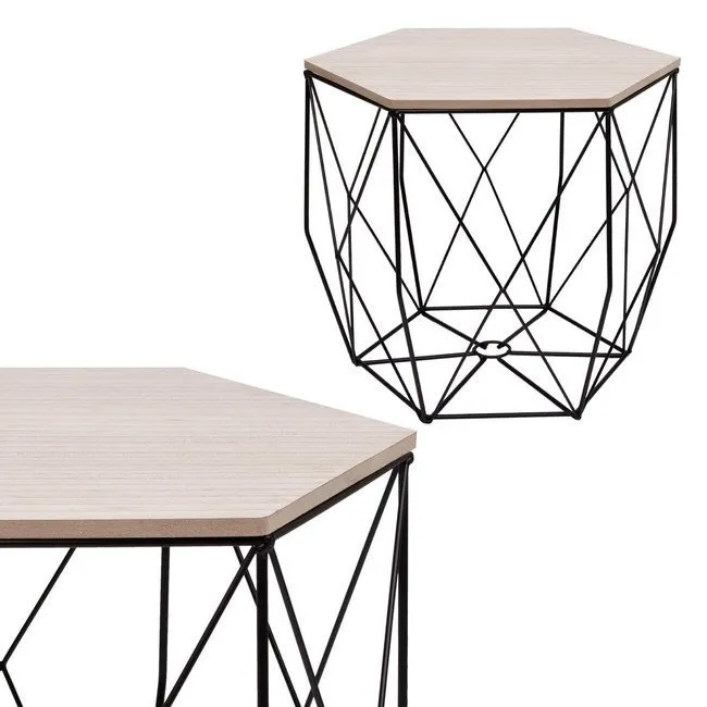 Stolik kawowy loft 40 cm kosz metalowy industrialny czarny, drewniany blat