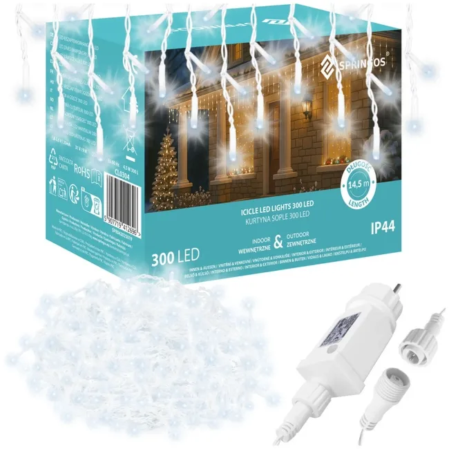Kurtyna świetlna z pilotem 14,5 m girlanda 300 led lampki wewnętrzno-zewnętrzne sople zimny biały