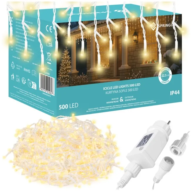 Kurtyna świetlna z pilotem 500 led girlanda, lampki wewnętrzno-zewnętrzne 22,5 m sople ciepły biały