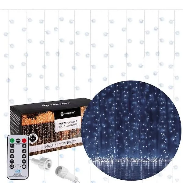 Kurtyna świetlna z pilotem 306 led girlanda, lampki wewnętrzno-zewnętrzne sople zimny biały