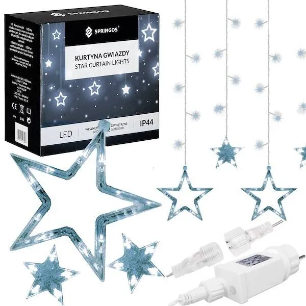 Kurtyna świetlna 138 led girlanda gwiazdki, lampki wewnętrzno-zewnętrzne sople zimny biały