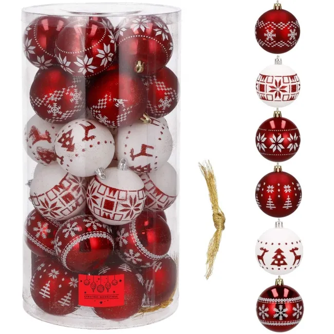 Bombki choinkowe 30 szt. ozdoby świąteczne zestaw 6,5 cm biało-czerwone