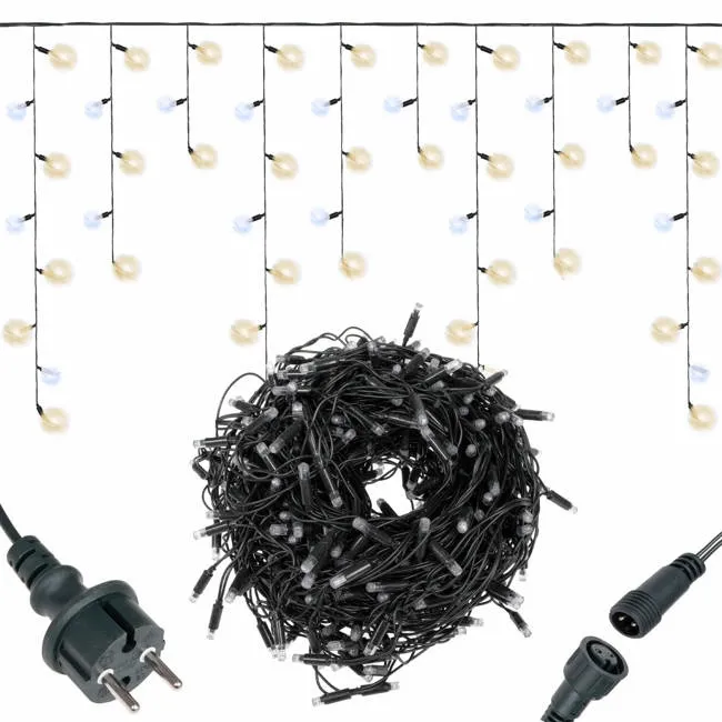 Lampki sople 300 led girlanda, kurtyna świetlna biały ciepły + zimny biały flash