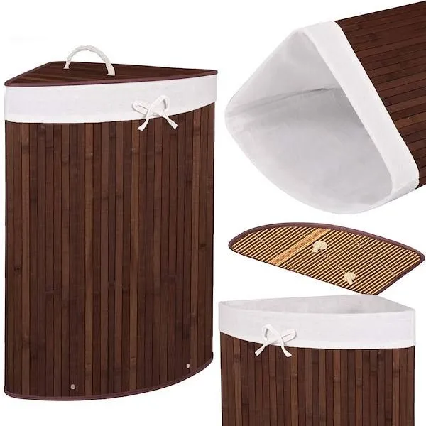 Pojemnik na pranie 73L narożny kosz z klapą bambus naturalny ciemny brąz
