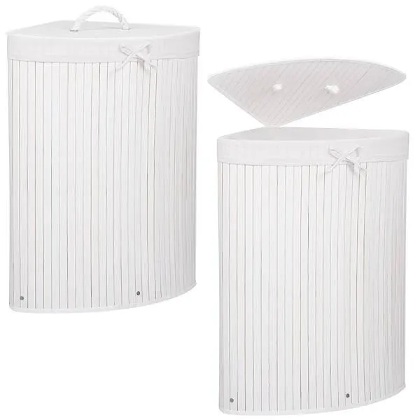 Pojemnik na pranie 80L narożny kosz z klapą bambus naturalny biały