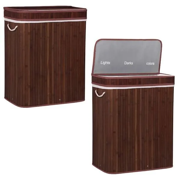 Kosz na pranie 100L z 3 komorami bambus naturalny brązowy