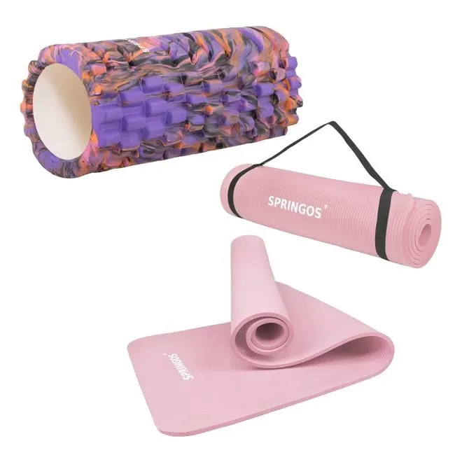 Zestaw wałek do masażu, roller do ćwiczeń fioletowy + mata do ćwiczeń 183 cm różowa