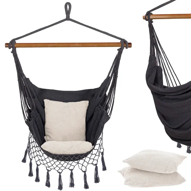 Hamak brazylijski z poduszkami 130x100cm fotel wiszący szaro-beżowy