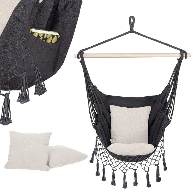 Hamak brazylijski z poduszkami 130x100cm fotel wiszący szaro-kremowy