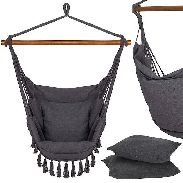 Fotel wiszący z poduszkami 130x100cm hamak brazylijski z frędzlami szary